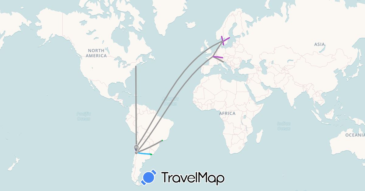 TravelMap itinerary: driving, bus, plane, train, boat in Argentina, Brazil, Chile, Germany, Denmark, France, Italy, Norway, Sweden, United States, Uruguay (Europe, North America, South America)
